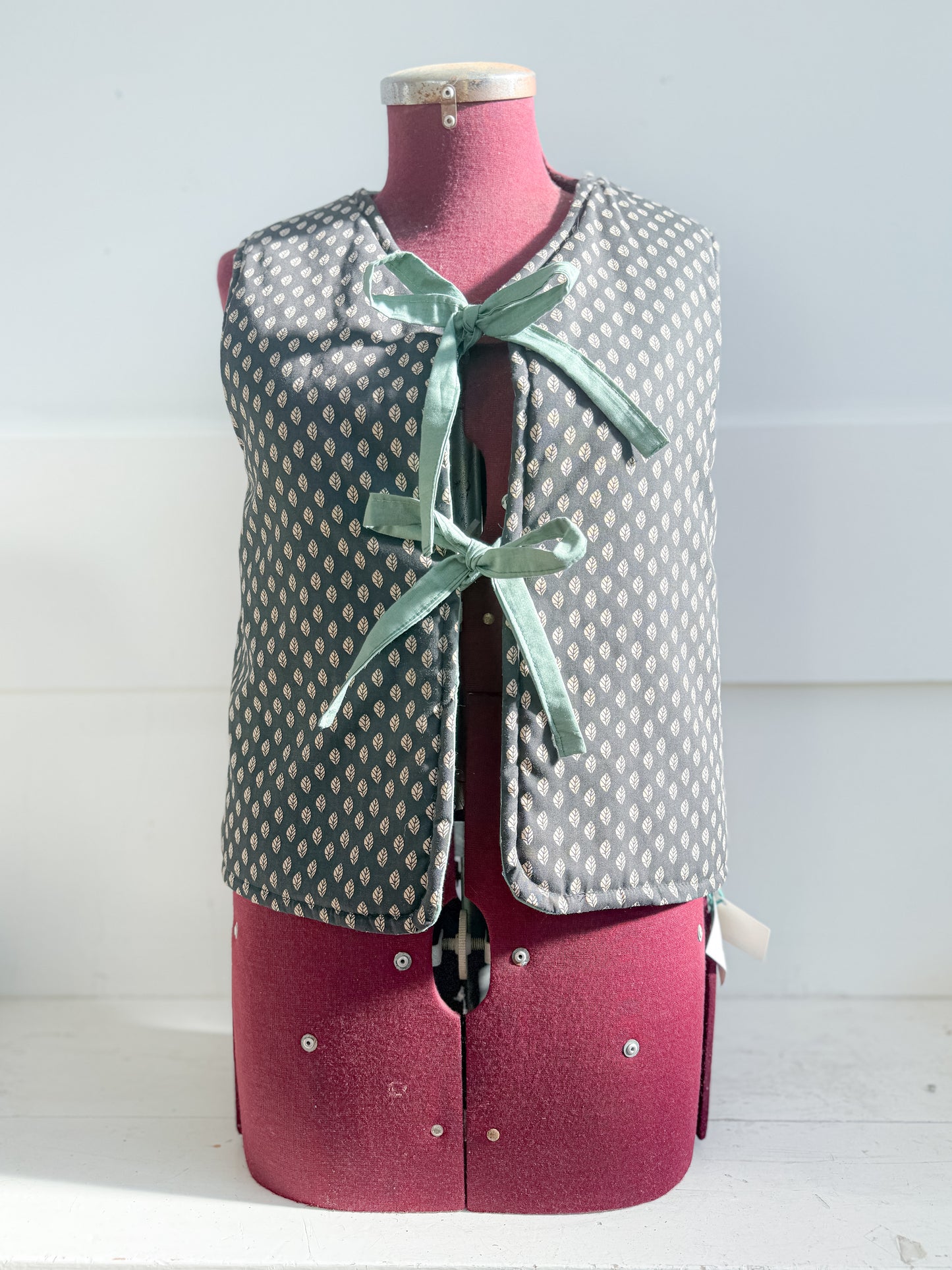 Cotton Quilted Vest - Green & Leaves
