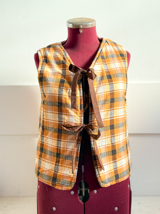 Cotton Quilted Vest - Beige Plaid