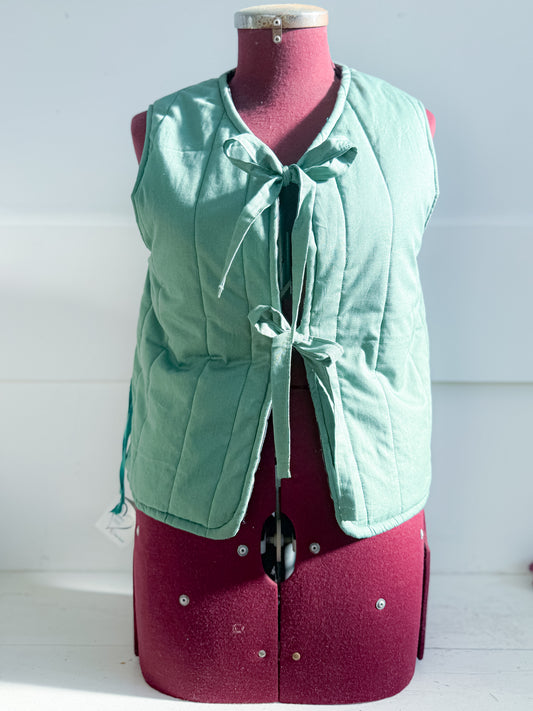 Cotton Quilted Vest - Green & Leaves